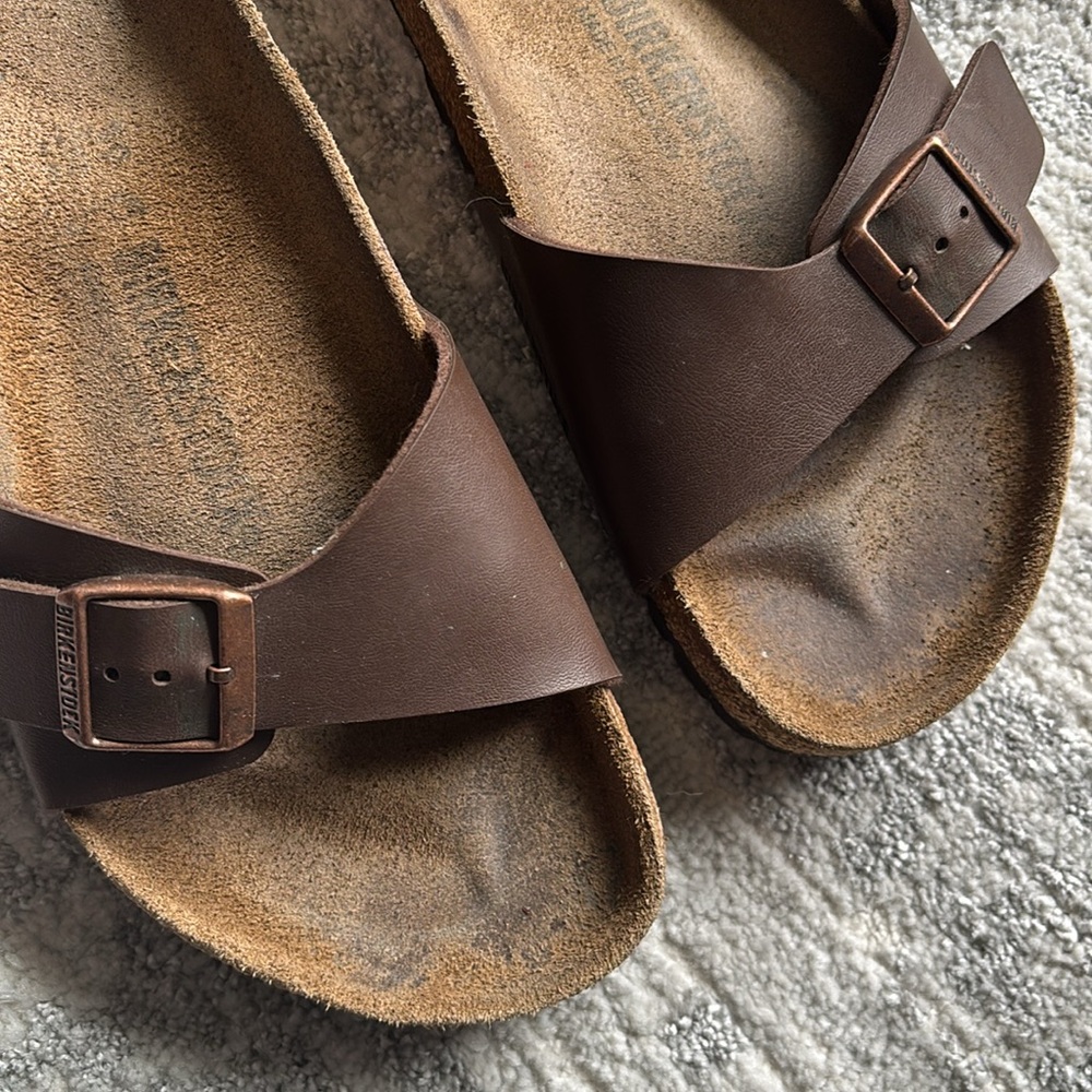 Birkenstock Brown Single Strap Slide Sandals with Buckle